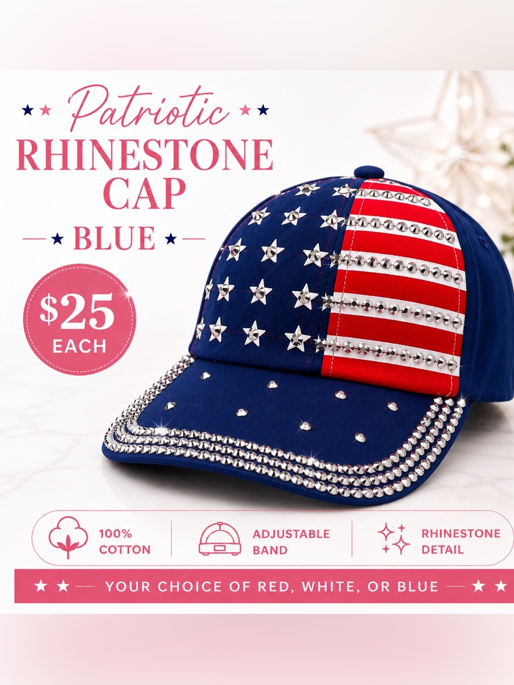 USA Rhinestone Baseball Cap 🇺🇸 Red White Blue Buyer’s Choice - Picture 4 of 4